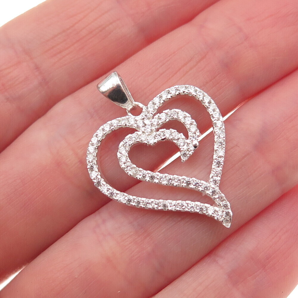 925 Sterling Silver Round-Cut C Z Heart Charm Pendant